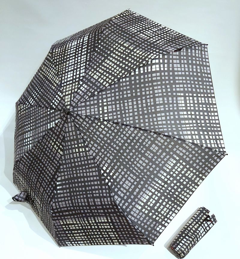 Mini parapluie Knirps T200 gris ecossias beige & noir Stone open close, léger et solide
