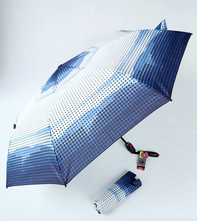 Mini parapluie pliant T200 Knirps bleu open close imprimé pois Sky garantie 5ans, léger & solide