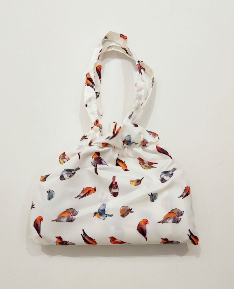 Parapluie de poche Guy de Jean mini plat pliant blanc imprimé d'oiseaux multicolores avec un pochon étanche, léger et solide