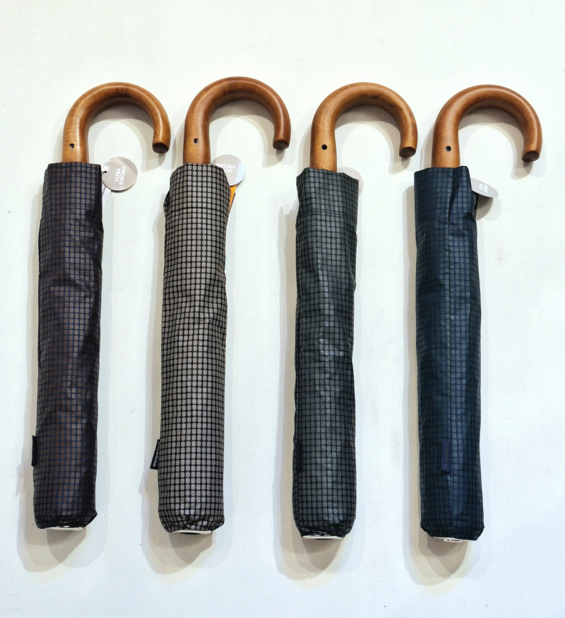 Parapluie pliant homme noir/vert automatique imprimé carreaux poignée bois 10 branches - Grand 104cm & robuste