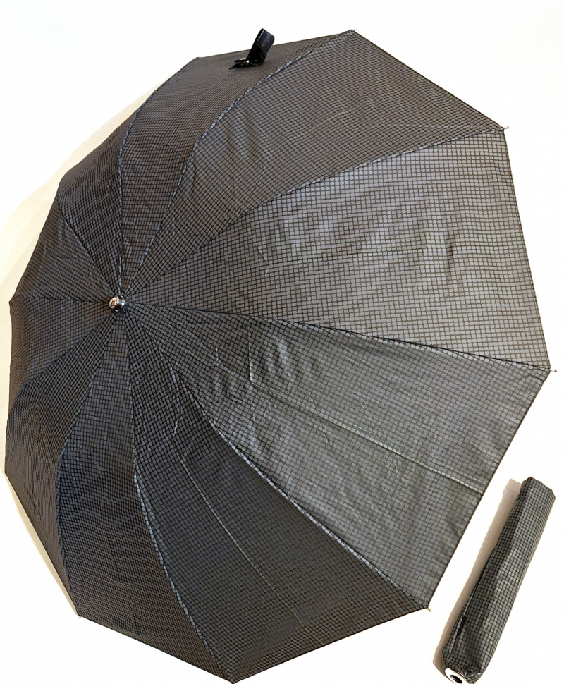 Parapluie pliant homme noir/vert automatique imprimé carreaux poignée bois 10 branches - Grand 104cm & robuste