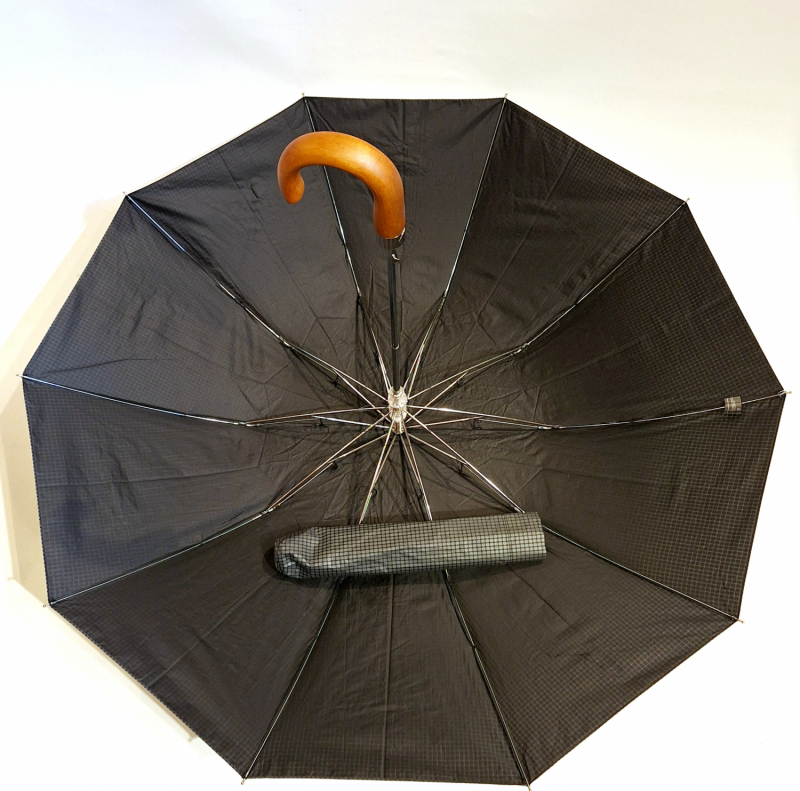 Parapluie pliant homme noir/vert automatique imprimé carreaux poignée bois 10 branches - Grand 104cm & robuste
