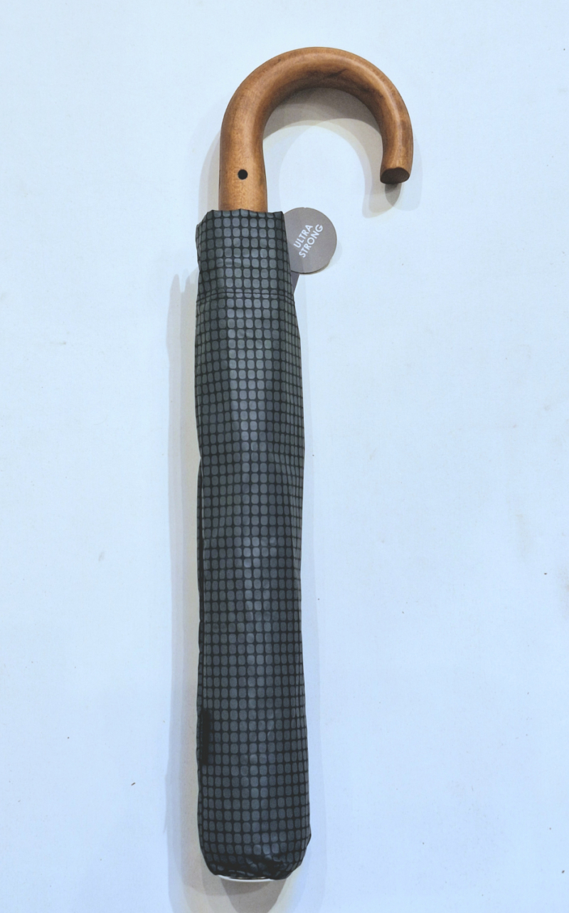 Parapluie pliant homme noir/vert automatique imprimé carreaux poignée bois 10 branches - Grand 104cm & robuste