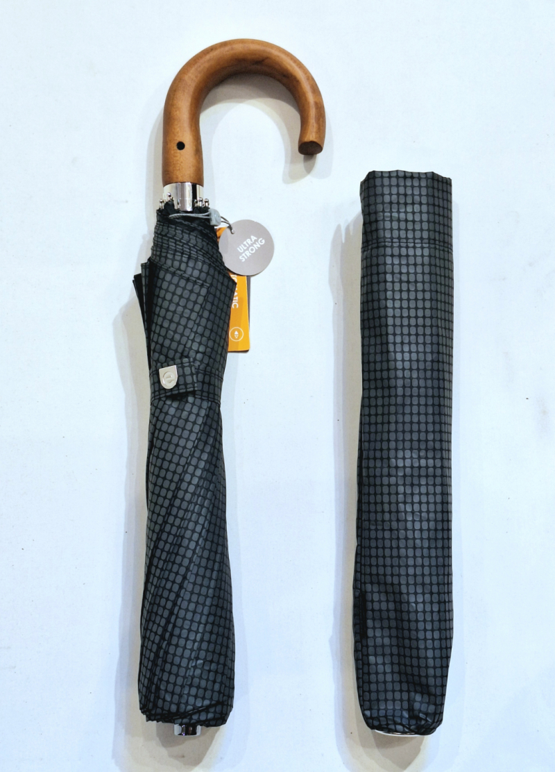 Parapluie pliant homme noir/vert automatique imprimé carreaux poignée bois 10 branches - Grand 104cm & robuste