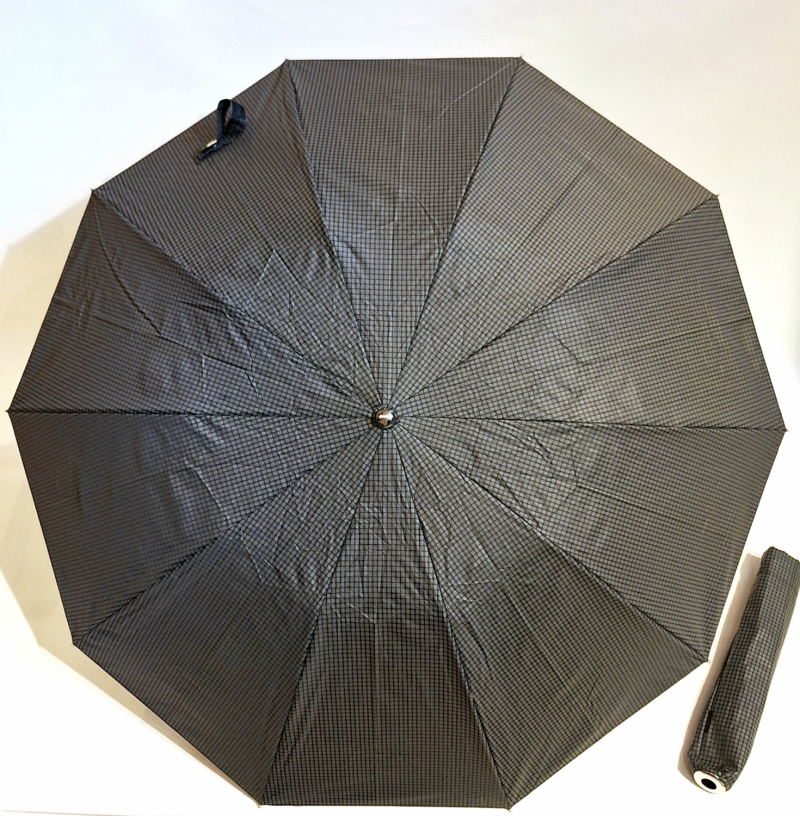 Parapluie pliant homme noir/vert automatique imprimé carreaux poignée bois 10 branches - Grand 104cm & robuste