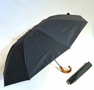 Parapluie pliant homme noir/vert automatique imprimé carreaux poignée bois 10 branches - Grand 104cm & robuste