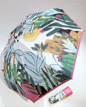 Mini parapluie anti uv 50+ pliant open close vert imprimé de plantes "Jardin Eden" français, original & solide