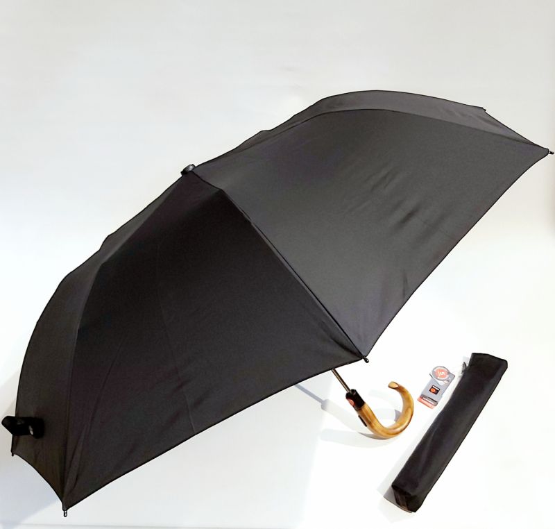 Parapluie KNIRPS pliant noir automatique poignée bois érable, grand & anti vent