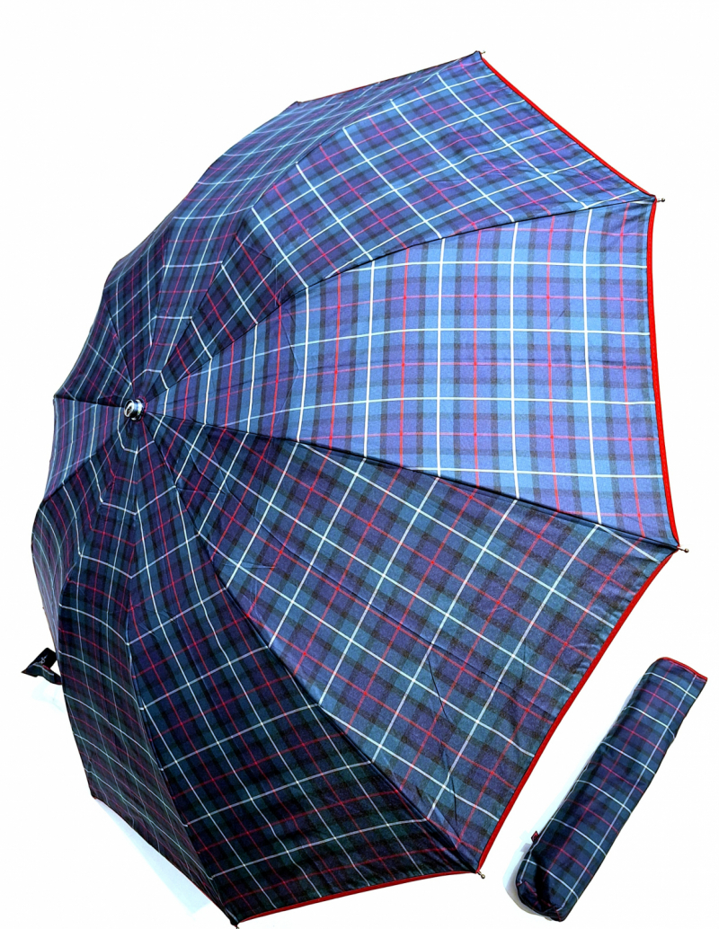 Parapluie pliant automatique bleu/vert ecossais poignée courbe bois foncé -10 branches robuste