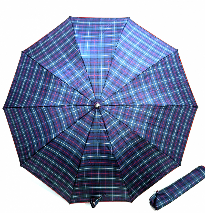 Parapluie pliant automatique bleu/vert ecossais poignée courbe bois foncé -10 branches robuste