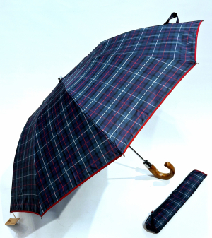 Parapluie pliant automatique bleu/vert ecossais poignée courbe bois foncé -10 branches robuste