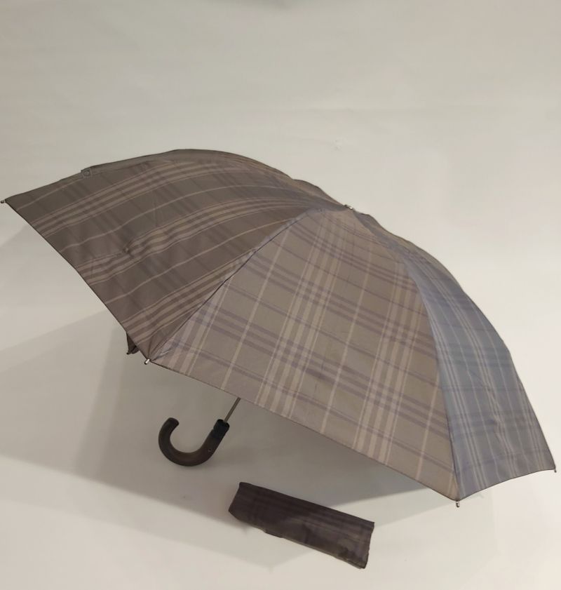 Mini parapluie pliant inversé marron écossais automatique poignée courbe bois foncé, le seul mini robuste