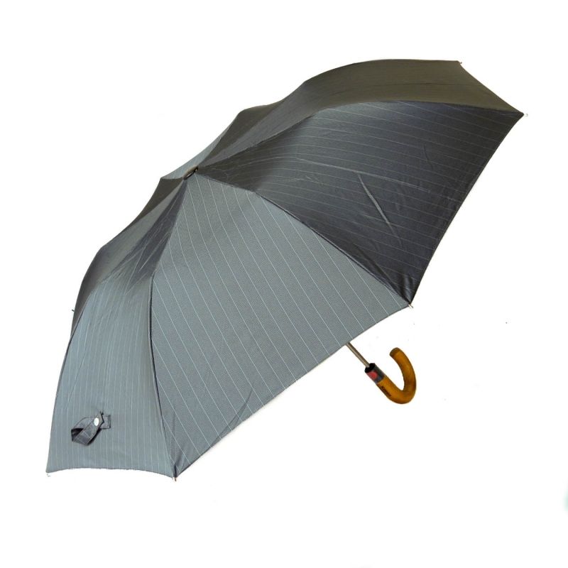 Parapluie pliant Knirps gris automatique imprimé rayures et poignée courbe bois, grand et résistant