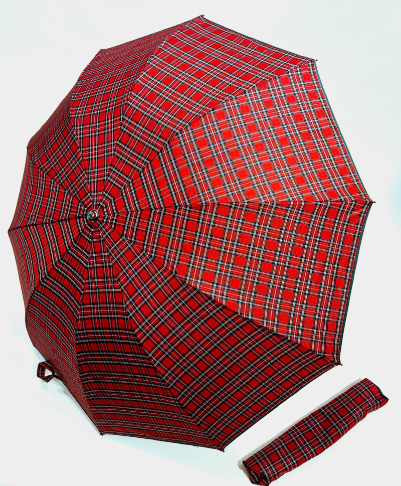 Parapluie pliant Robuste rouge écossais automatique : Collection Homme poignée + 10 branches