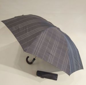 Parapluie inversé pliant gris écossais automatique : Collection Homme poignée bois, le seul mini robuste