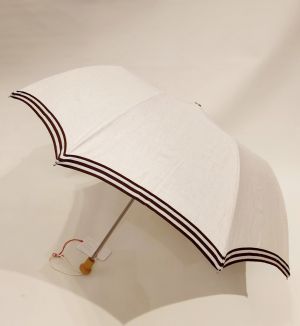 EXCLUSIVITE Ombrelle anti uv à 98% pliable en lin naturel bordé galon rayé marron, légère & française
