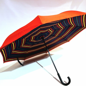 Parapluie inversé long rouge doublé rayures multicolore/ Neyrat Autun - léger et solide