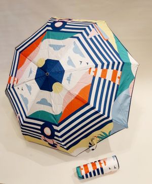Mini parapluie anti uv pliant automatique "carte Postale" bleu imprimé d'un bord de mer par Piganiol, léger et solide