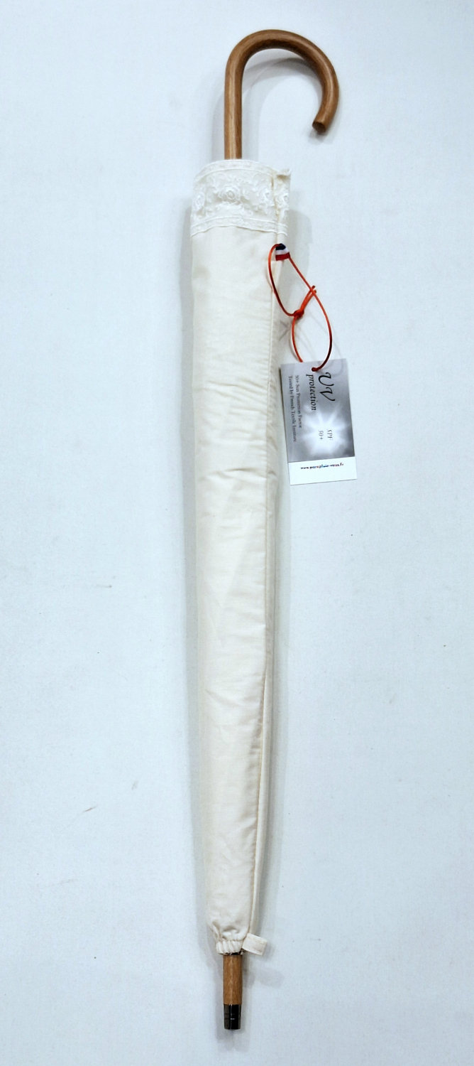  Ombrelle dentelle anti uv à 100% montage anglais chêne - Coton ivoire bordé de dentelle blanche - légère & française