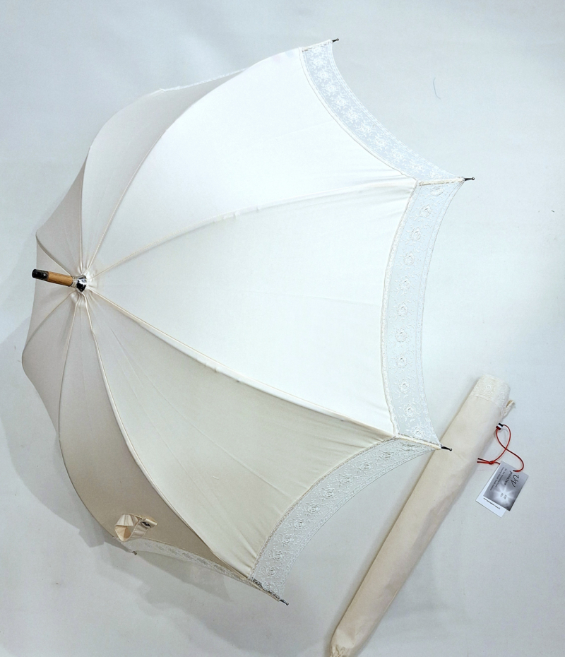  Ombrelle dentelle anti uv à 100% montage anglais chêne - Coton ivoire bordé de dentelle blanche - légère & française