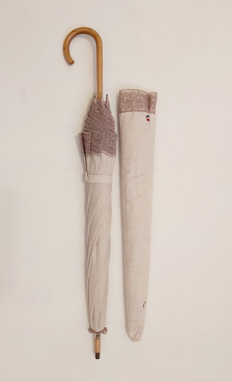  Ombrelle dentelle anti uv à 98% montage anglais chêne - lin naturel bordé de dentelle taupe - légère & française
