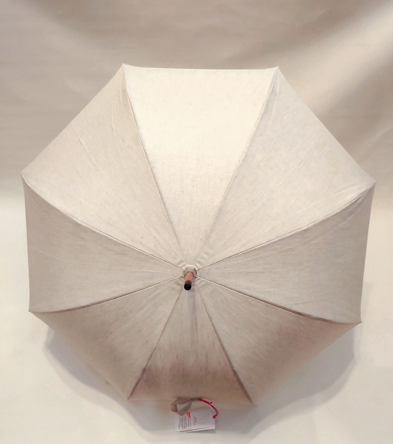 Parapluie long en lin naturel anti uv auto & poignée courbe bois, grande ombrelle anti uv à 97%