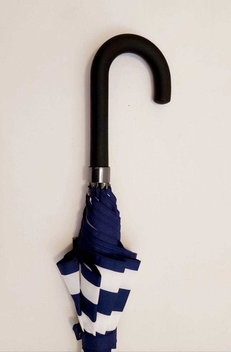  Parapluie long automatique bleu marine rayures blanches Neyrat Autun, léger et solide