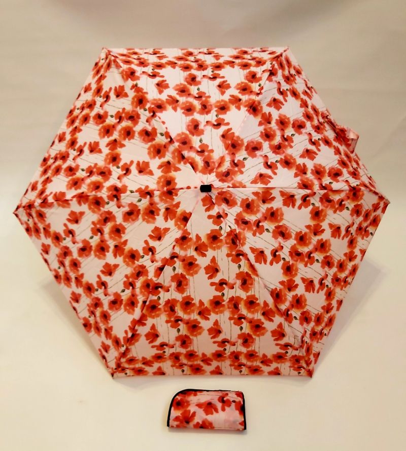 Micro parapluie de poche plat manuel ivoire sur un champ de coquelicots rouges, léger 200g & solide