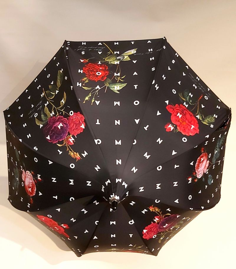 Parapluie Chantal Thomass pagode anti uv 50 noir imprimé de roses français, léger et solide