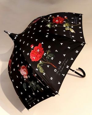 Parapluie Chantal Thomass pagode anti uv 50 noir imprimé de roses français, léger et solide