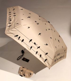 Parapluie de poche compact plat ivoire imprimé les oiseaux /Neyrat Autun, léger 200g & solide