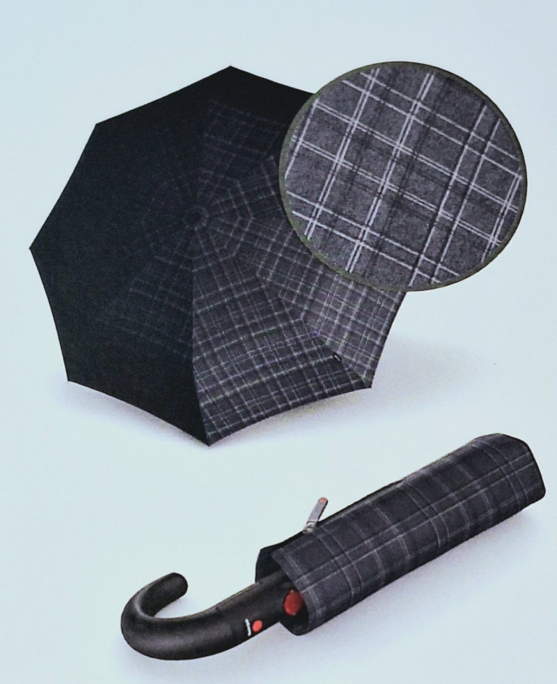 Mini parapluie pliant Knirps T260 noir & gris automatique open close imprimé ecossais poignée courbe noire  