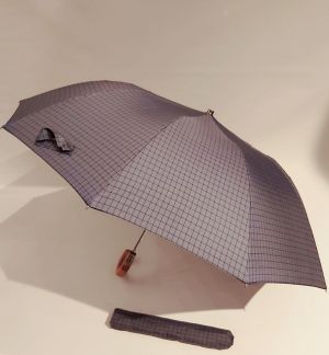 Parapluie pliant gris automatique imprimé écossais10 branches poignée bois  P.Vaux, grand et robuste