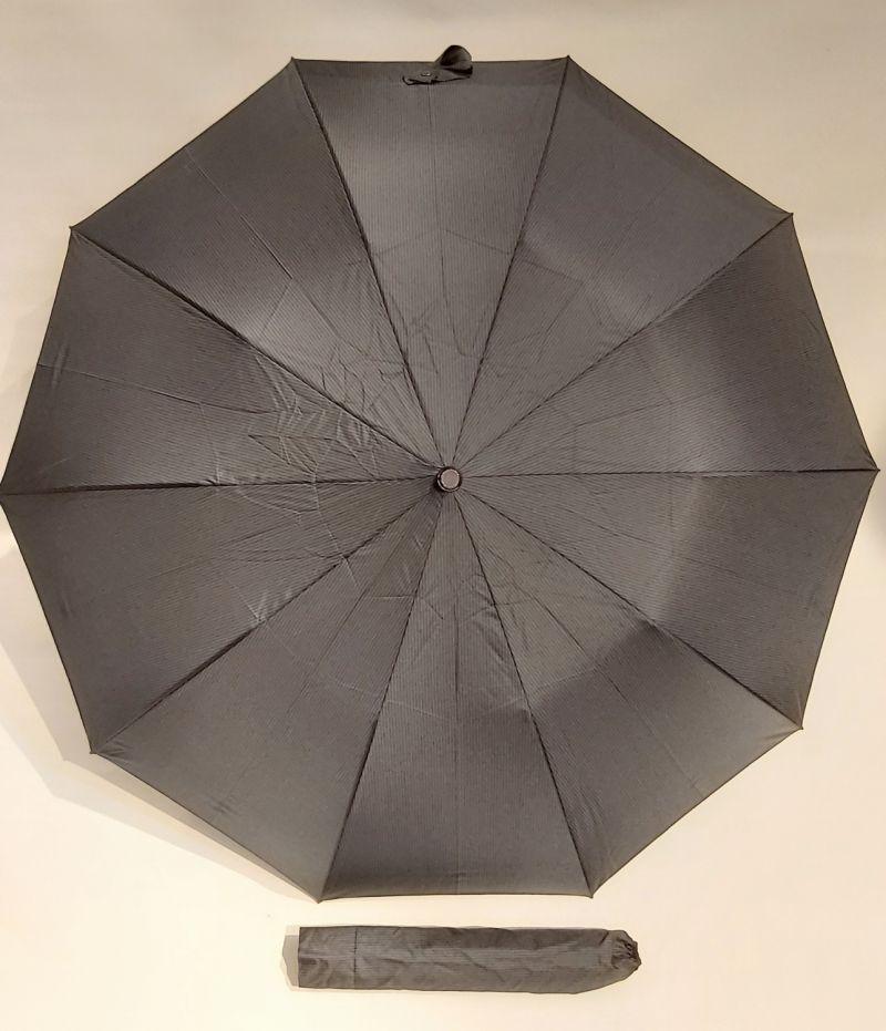 Parapluie pliable gris automatique imprimé rayé10 branches poignée bois  P.Vaux, grand et robuste