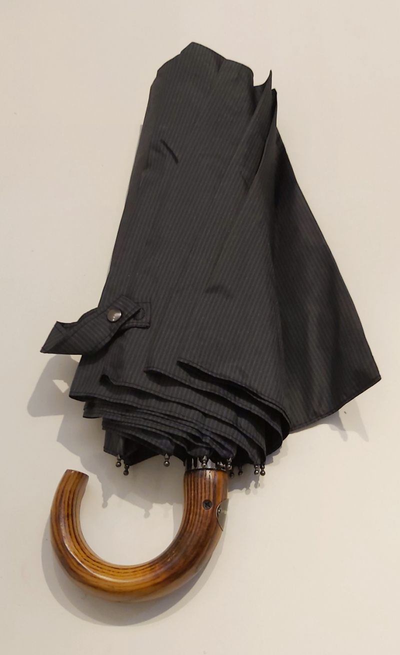 Parapluie pliable gris automatique imprimé rayé10 branches poignée bois  P.Vaux, grand et robuste