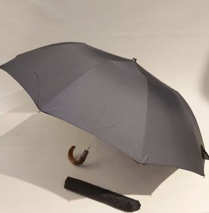 Parapluie pliable gris automatique imprimé rayé10 branches poignée bois  P.Vaux, grand et robuste