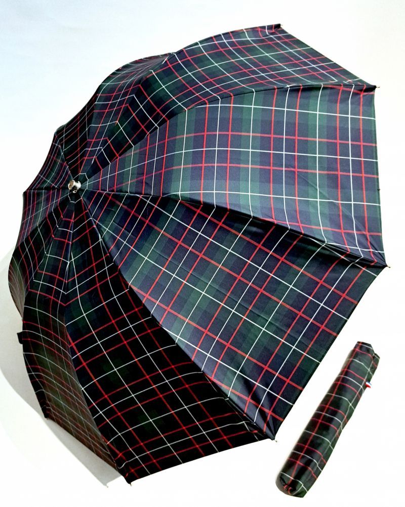 Parapluie pliant automatique bleu imprimé ecossais 10 branches poignée bois  P.Vaux - grand & robuste