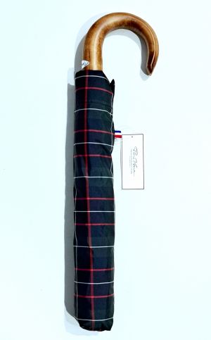 Parapluie pliant automatique bleu imprimé ecossais 10 branches poignée bois  P.Vaux - grand & robuste