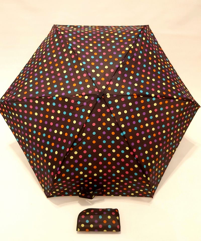  Parapluie micro de poche pliant plat noir à pois multicolore / Neyrat - Léger 200g & solide