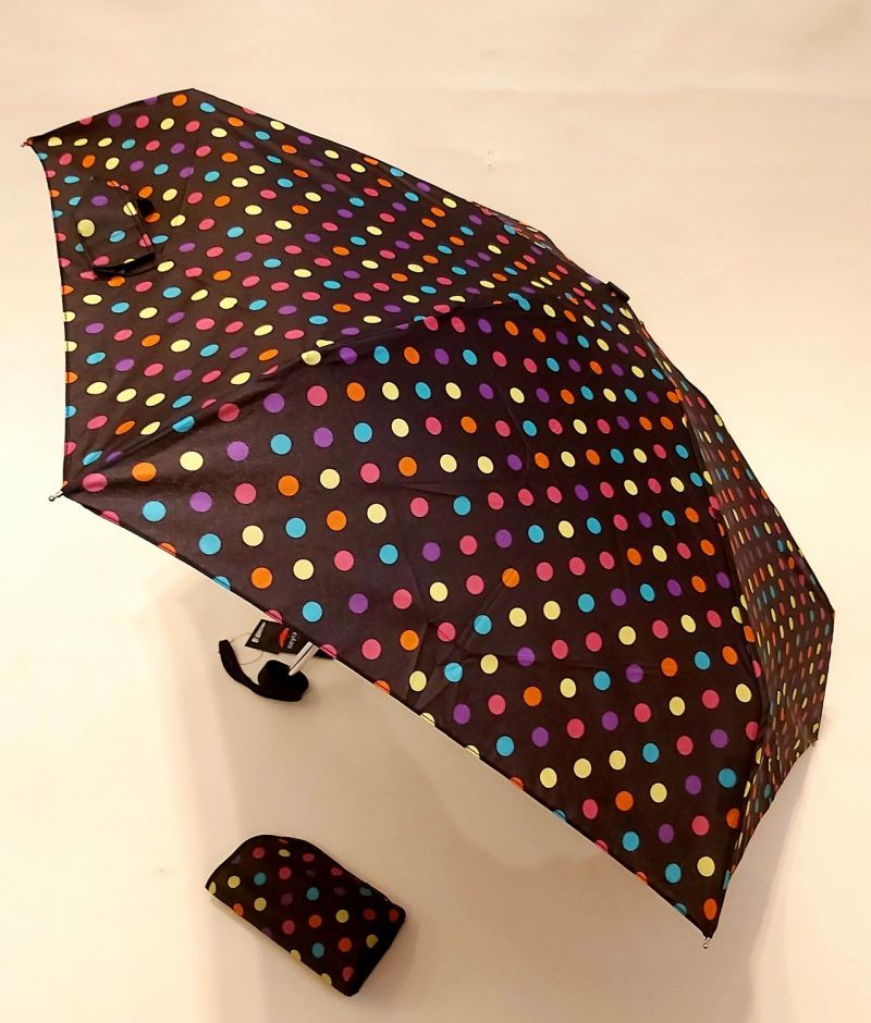  Parapluie micro de poche pliant plat noir à pois multicolore / Neyrat - Léger 200g & solide