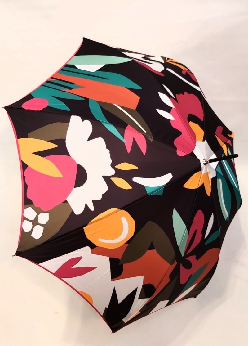  Parapluie Piganiol long anti uv noir imprimé d'exotisme stylisé coloré - léger et solide 