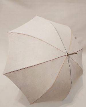 Parapluie long automatique en lin naturel passepoil multicolore anti uv sa poignée bois, grande ombrelle légère anti uv à 98%