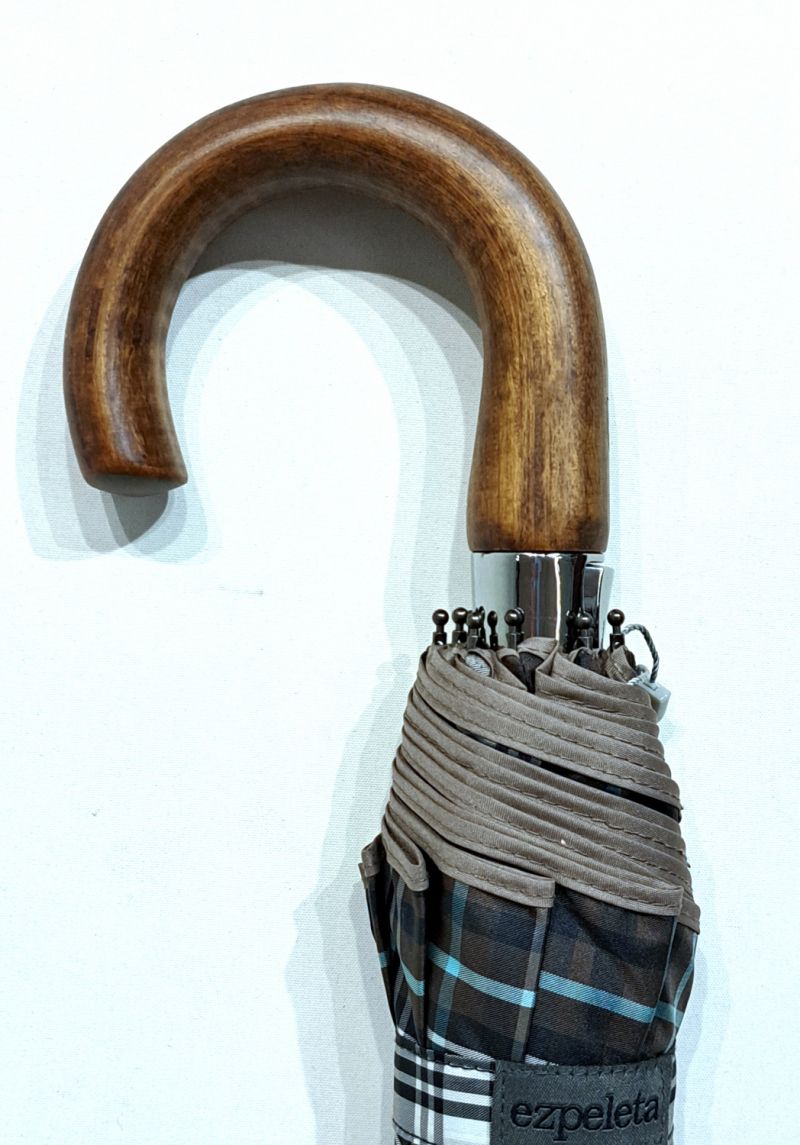 EXCLUSIVITE parapluie pliant automatique marron & gris écossais poignée crochet bois - Grande taille & résistant