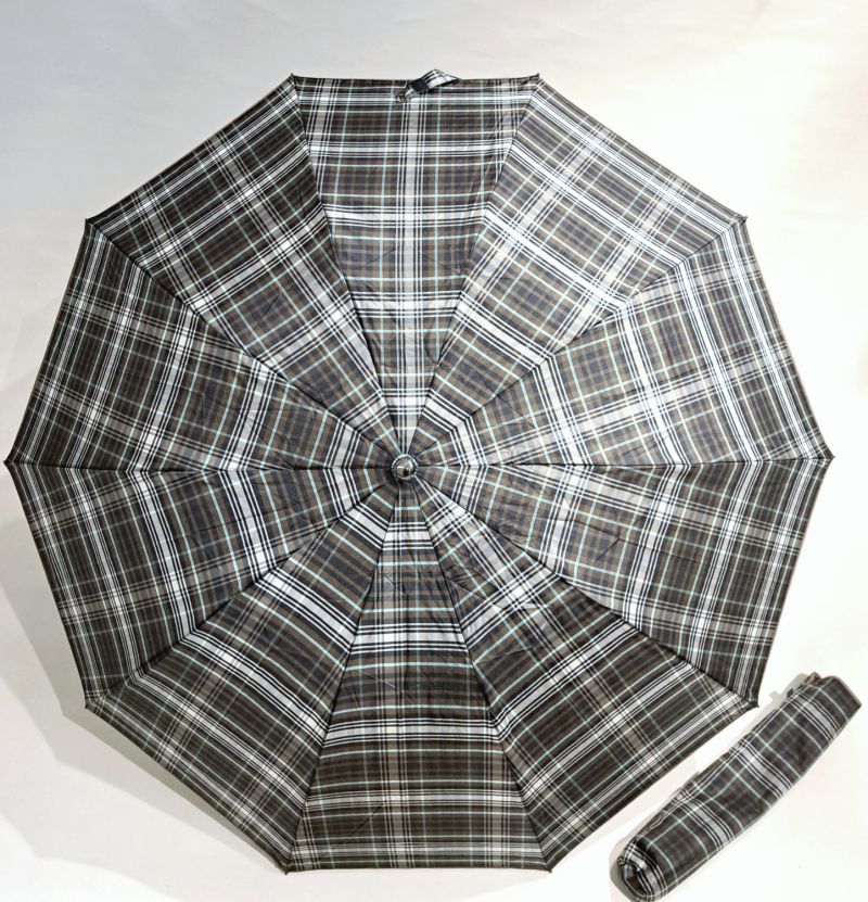 EXCLUSIVITE parapluie pliant automatique marron & gris écossais poignée crochet bois - Grande taille & résistant