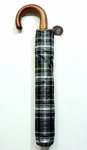 EXCLUSIVITE parapluie pliant automatique marron & vert écossais poignée crochet bois - Grande taille & résistant