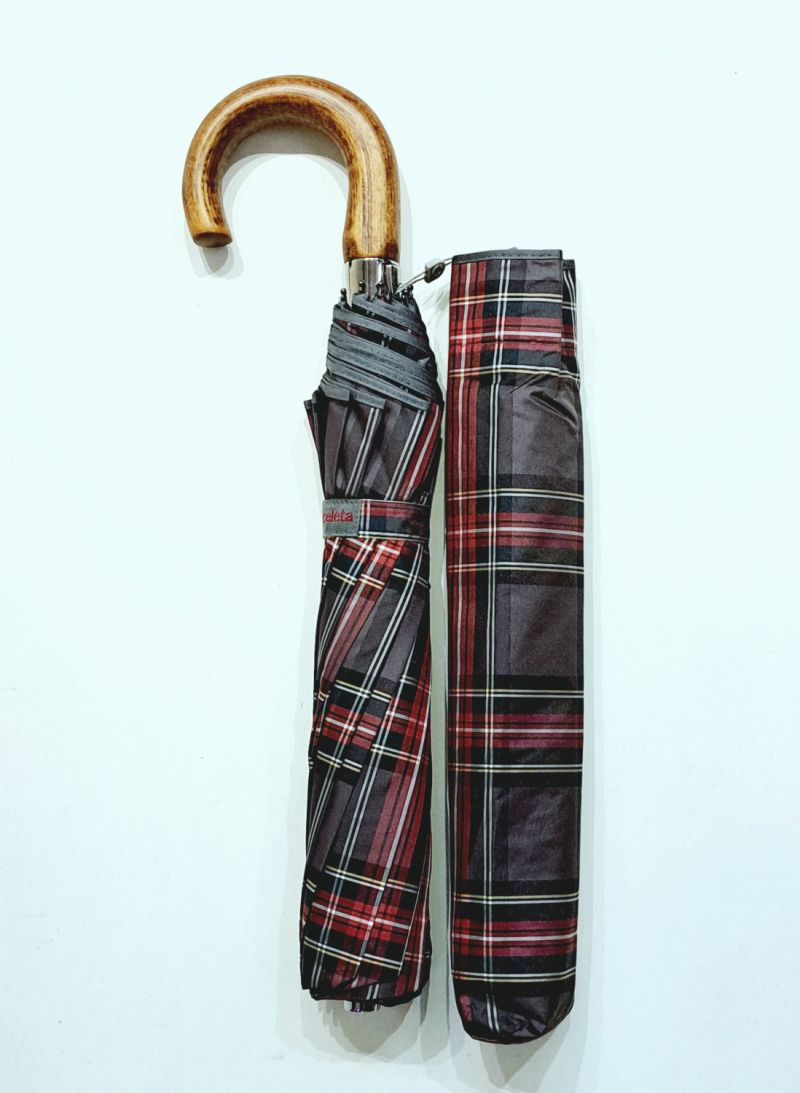 EXCLUSIVITE parapluie pliant automatique vert & bordeaux écossais poignée bois Ezpeleta - XXL solide & durable
