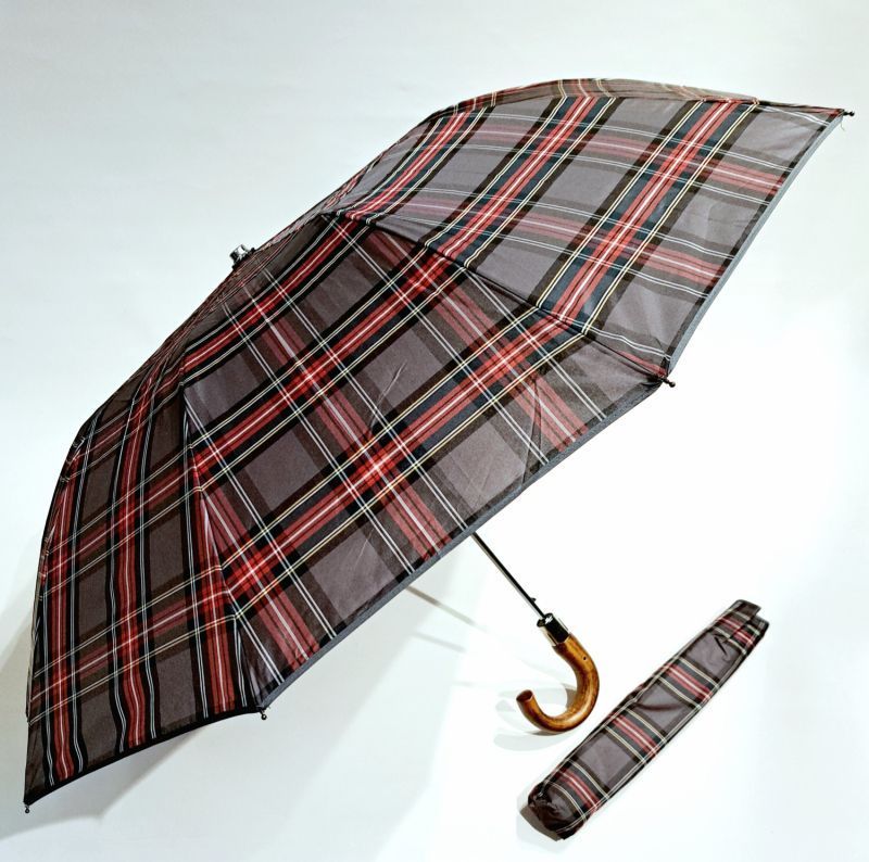 EXCLUSIVITE parapluie pliant automatique gris & bordeaux écossais poignée bois Ezpeleta - XXL solide & durable