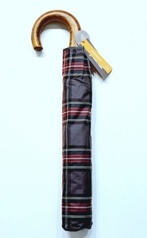 EXCLUSIVITE parapluie pliant automatique gris & bordeaux écossais poignée bois Ezpeleta - XXL solide & durable
