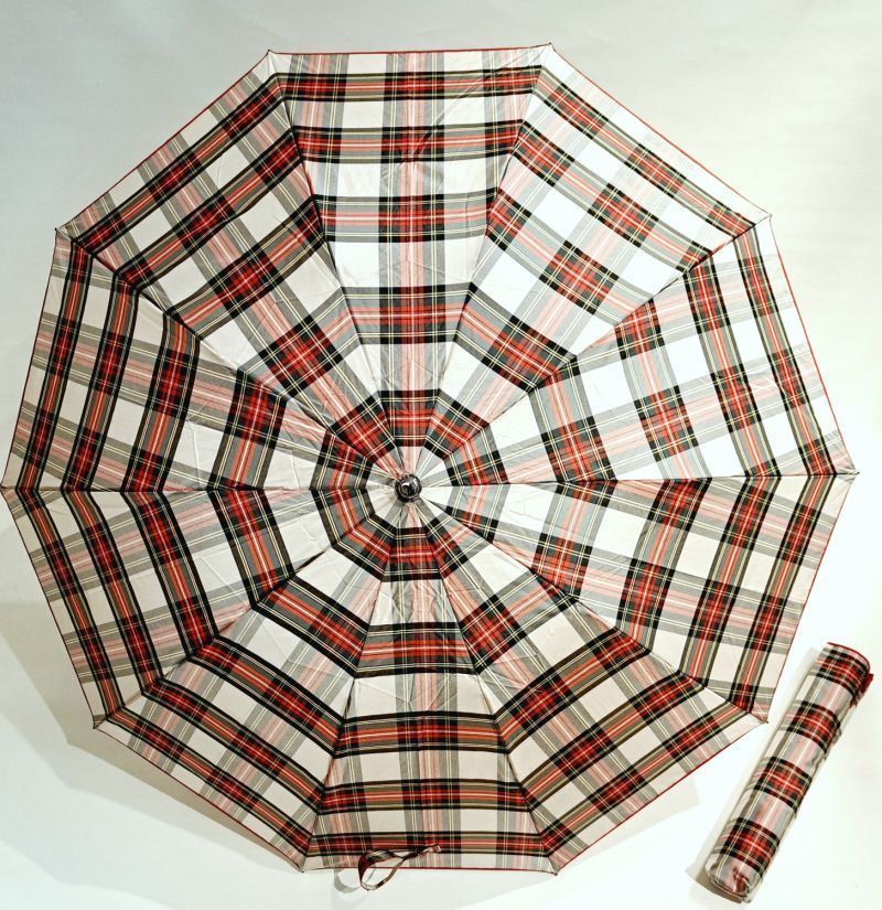 EXCLUSIVITE parapluie pliant automatique beige & rouge écossais poignée bois 10 branches Ezpeleta - grand & ne se retourne pas