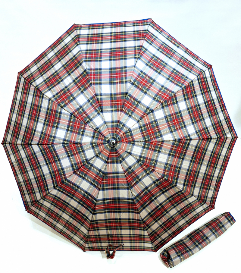 EXCLUSIVITE parapluie pliant automatique beige & rouge écossais poignée bois 10 branches Ezpeleta - grand & ne se retourne pas